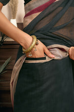Thumbnail for Joban Fashion  Black Solid Linen Ready To Wear Saree With Unstitched Blouse - Distacart