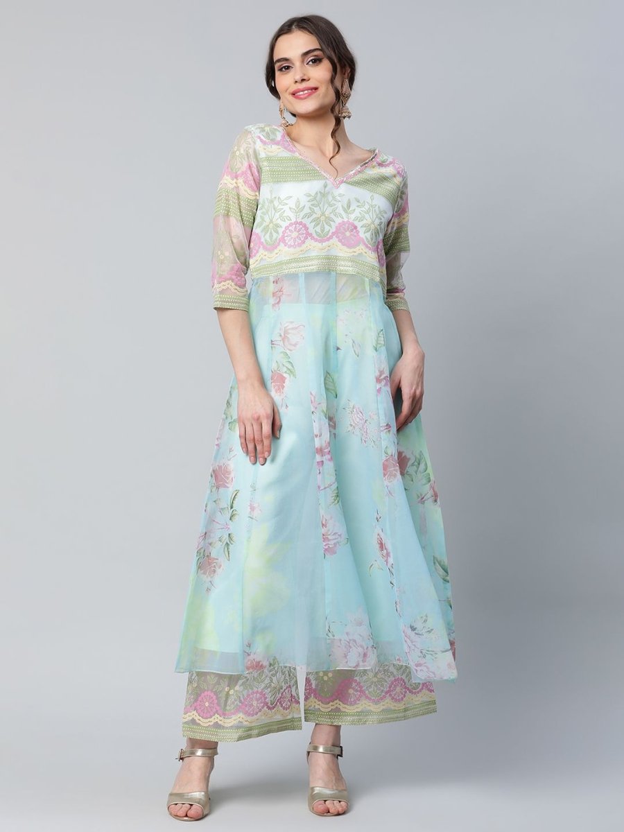 Ahalyaa Women Sea Green Organza Romantic Florals Kurta Palazzo Set