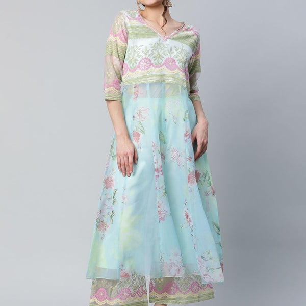 Ahalyaa Women Sea Green Organza Romantic Florals Kurta Palazzo Set