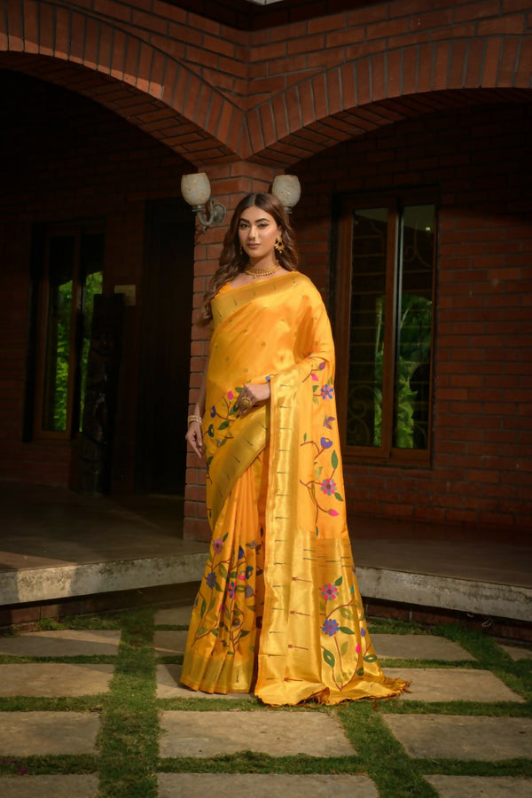 Jyoti Fashion Women's Yellow Paithani Silk Zari Woven Saree with Blouse - Distacart