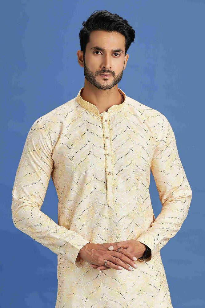 Raivat Ethnic Cotton Embroidery Kurta Pajama In Yellow Colour - Dista