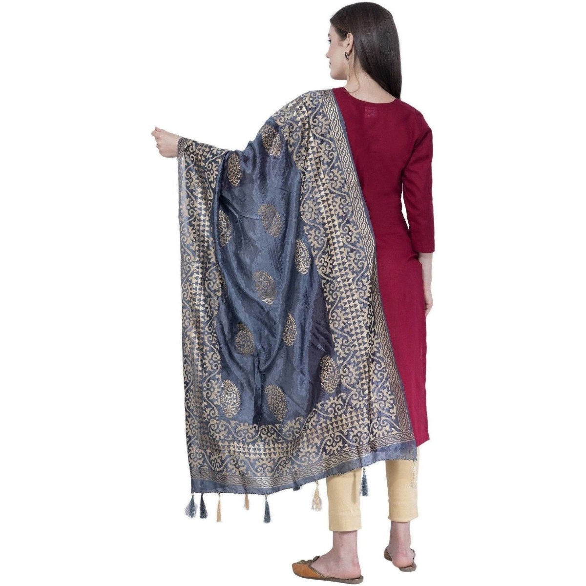 A R SILK Dark Gray Color Silk Pahadi Print Dupattas and Chunnis