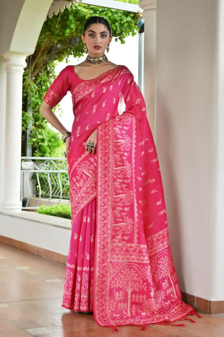 Vishnu Weaves Women's Rani Handloom Raw Silk Thread Weaving Saree with Blouse