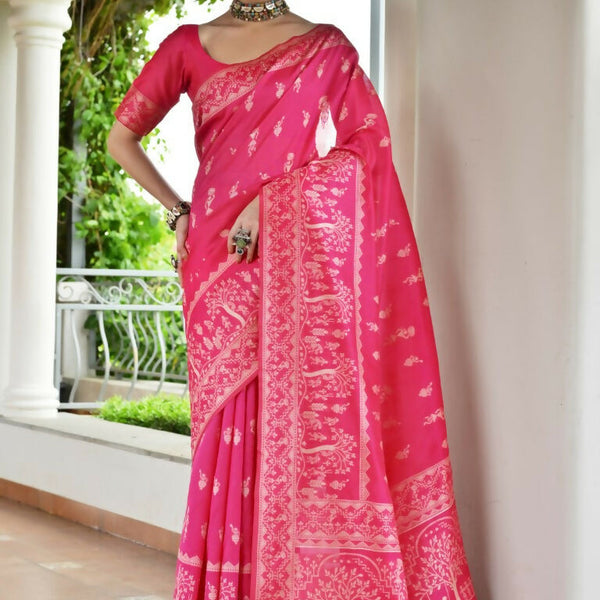 Vishnu Weaves Women's Rani Handloom Raw Silk Thread Weaving Saree with Blouse