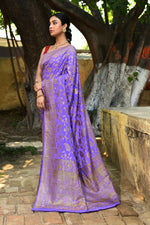 Thumbnail for Joban Fashion Dark Lilac Crepe Chiffon Pure Handloom Banarasi Silk Saree