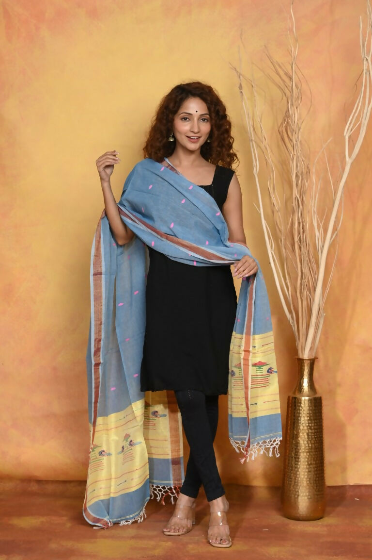 Very Much Indian Handloom Pure Cotton Paithani Dupatta - Powder Blue - Distacart