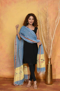 Thumbnail for Very Much Indian Handloom Pure Cotton Paithani Dupatta - Powder Blue - Distacart