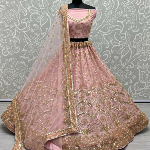 Jyoti Fashion Women's Pink Bridal Net Fancy Sequins with Multi Thread Embroidered & Handwork Wedding Lehenga Choli - Distacart