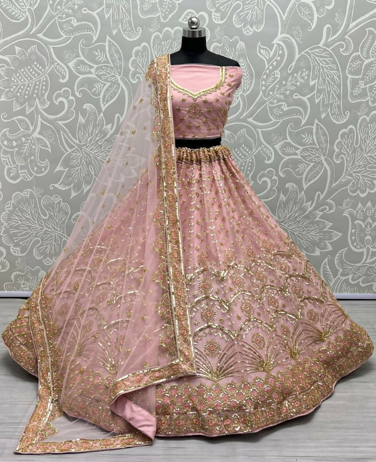 Jyoti Fashion Women's Pink Bridal Net Fancy Sequins with Multi Thread Embroidered & Handwork Wedding Lehenga Choli - Distacart