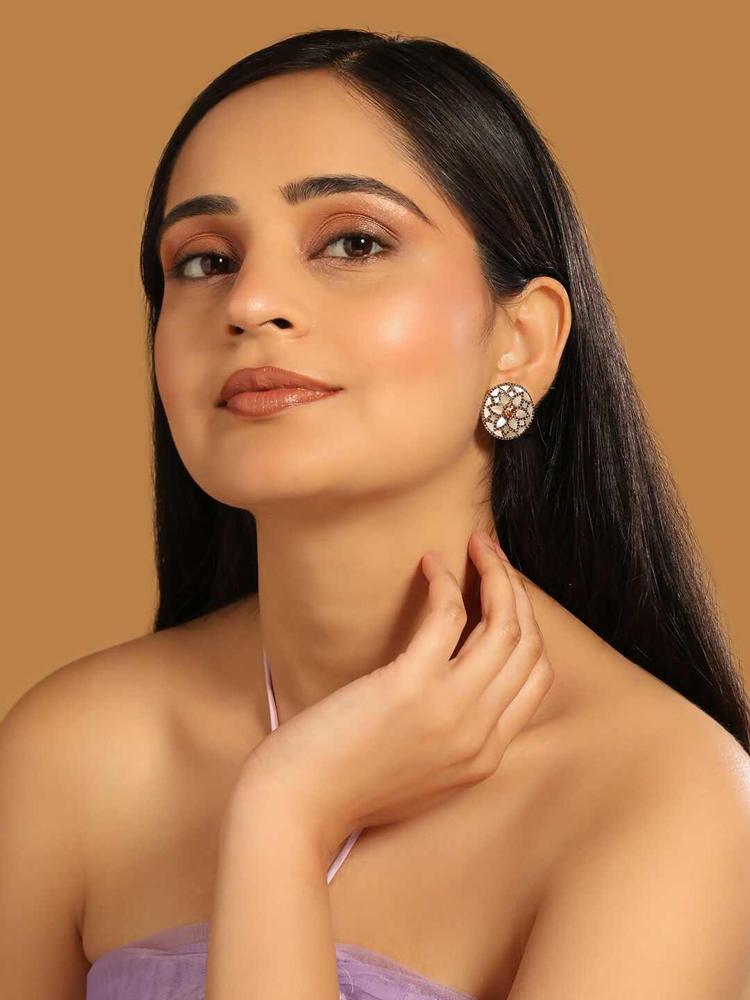 Nuyug 22K Gold Plated Mother of Pearls and Stone Studded Contemporary Floral Shaped Studs