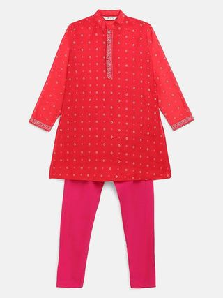 Ahalyaa Red Chnaderi Gold Khari Print Kids Kurta Churidar Set For Boys - Distacart