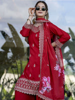Thumbnail for The52 Red Women's Gorgeous Embroidered Vichitra Silk Fabric Straight Kurta, Sharara and Dupatta Set - Distacart