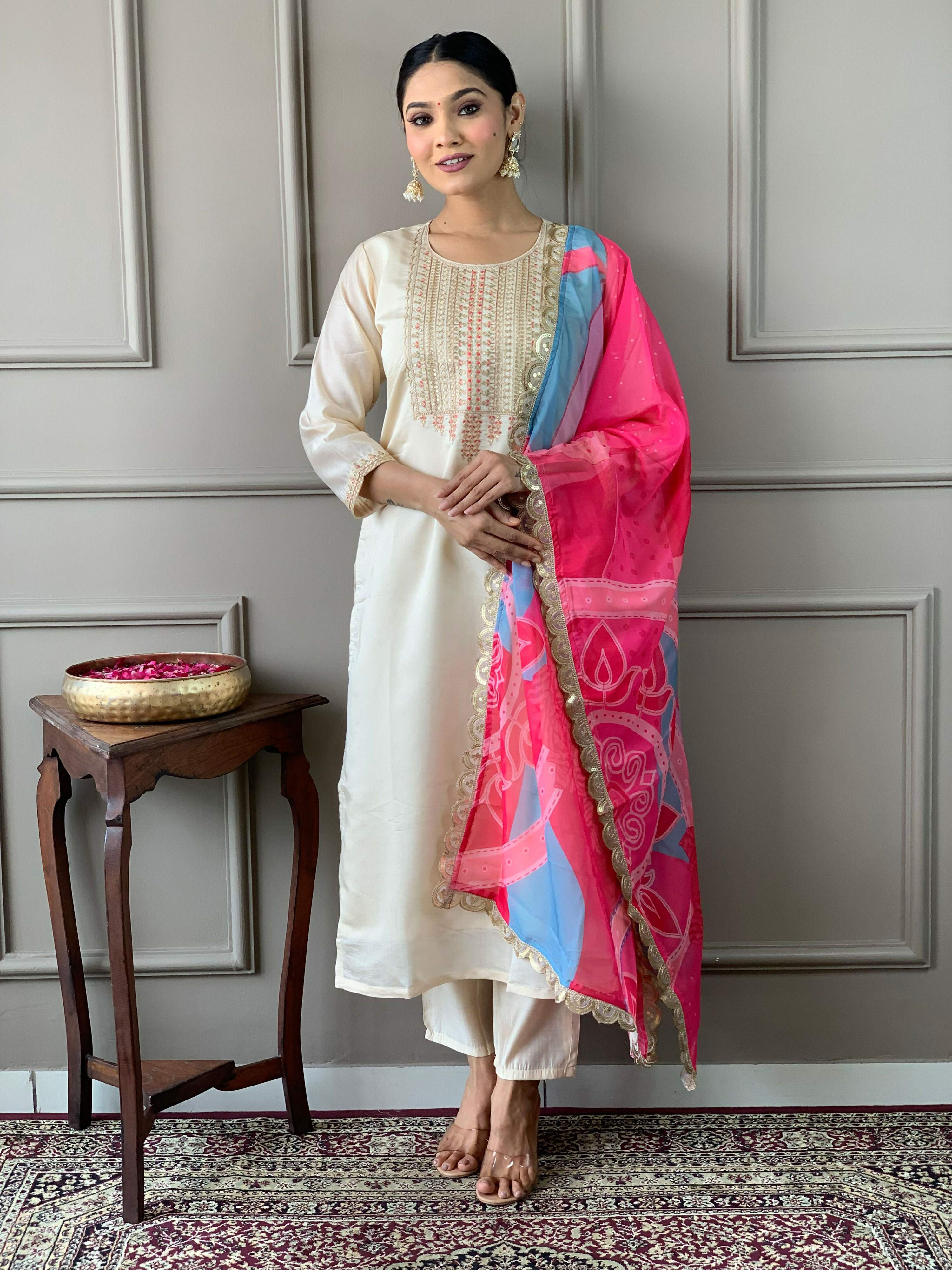 Partywear Designer Viscose Chanderi Off White & Pink Stitched Suit With Dupatta - Anbazaar - Distacart