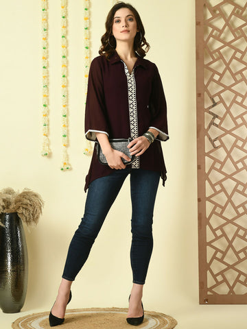 Myshka Women's Coffee Brown Embroidered Party Fusion Top - Distacart