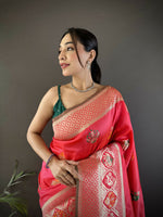 Thumbnail for Joban Fashion Peach Elephant & Floral Motifs Soft Lichi Silk Banarasi Saree - Distacart