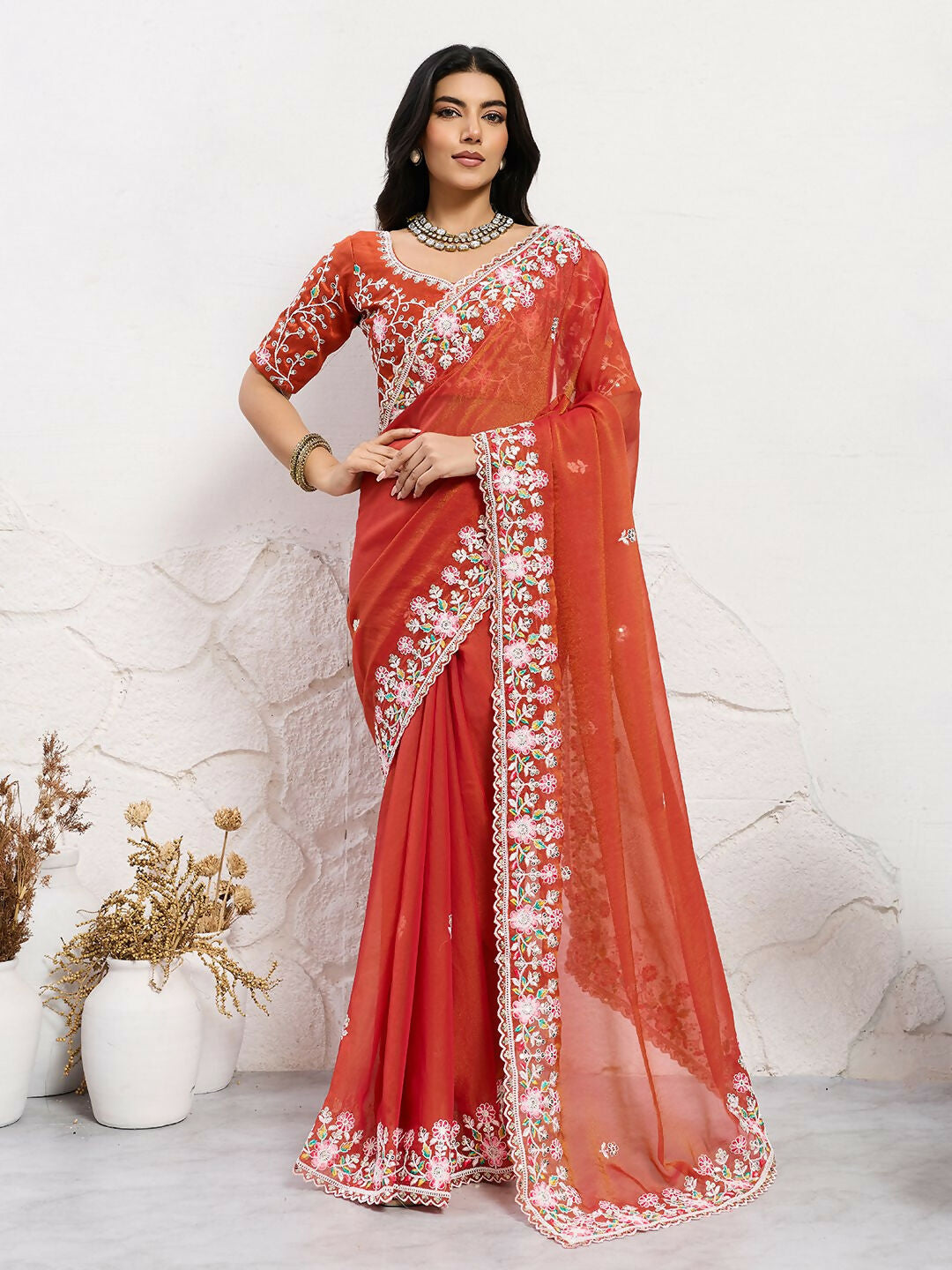 Teeya Creation New Trendy Wedding Special Party Wear Soft Nxc Moss Chiffon Saree-Orange - Dista