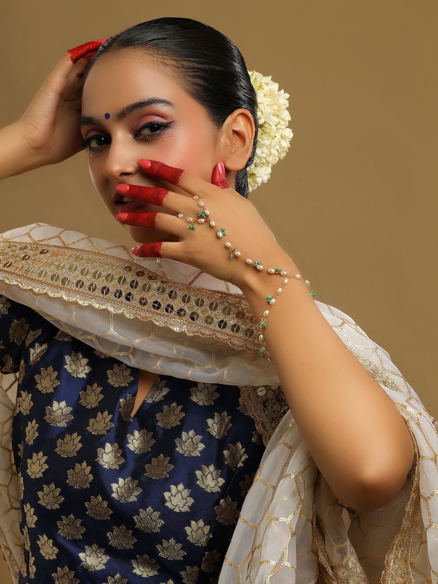 Ruby Raang Multi Pearl & Stone Haath Phool