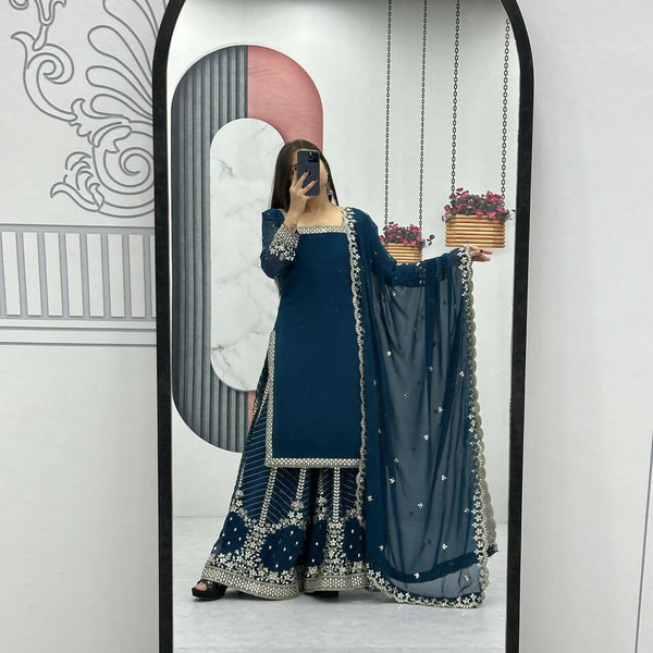 Teeya Creation Womens New Heavy Fox Georgette Fabric With Heavy Embroidery Work Teal Kurta Set - Dista
