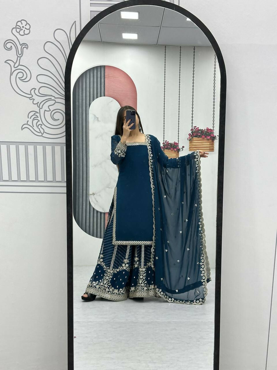Teeya Creation Womens New Heavy Fox Georgette Fabric With Heavy Embroidery Work Teal Kurta Set - Dista