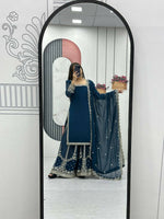 Thumbnail for Teeya Creation Womens New Heavy Fox Georgette Fabric With Heavy Embroidery Work Teal Kurta Set - Dista