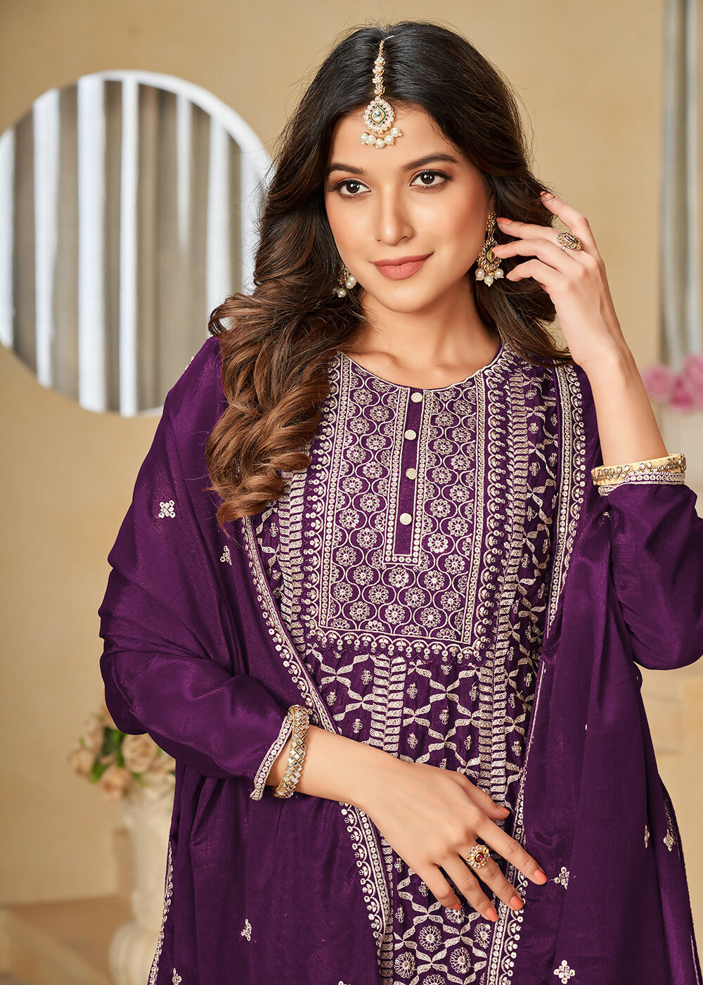Chinnon Purple Embroidered Palazzo Salwar Suit - Emponline - Distacart