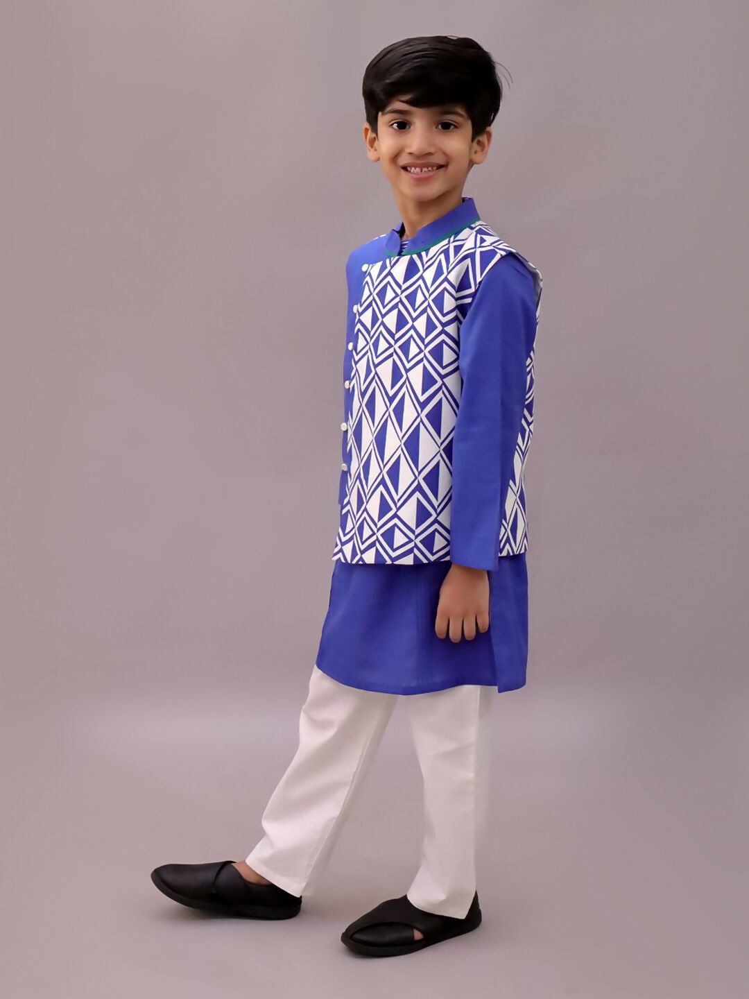Lil Drama Shor-Gul Blue Kurta Pyjama with Jacket Set For Boys