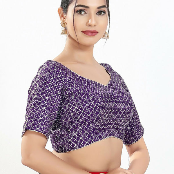 Joban Fashion Brinjal Silk Padded Blouse With Sweetheart Neck Elbow Sleeves - Distacart