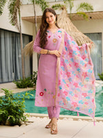 Thumbnail for The52 Lavender Women's Gorgeous Embroidered work Viscose Gadhwal Fabric Straight Kurta, Pant and Dupatta Set - Distacart