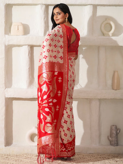 Shree Shyam Fashion Linen Cotton Red & White Saree - Distacart