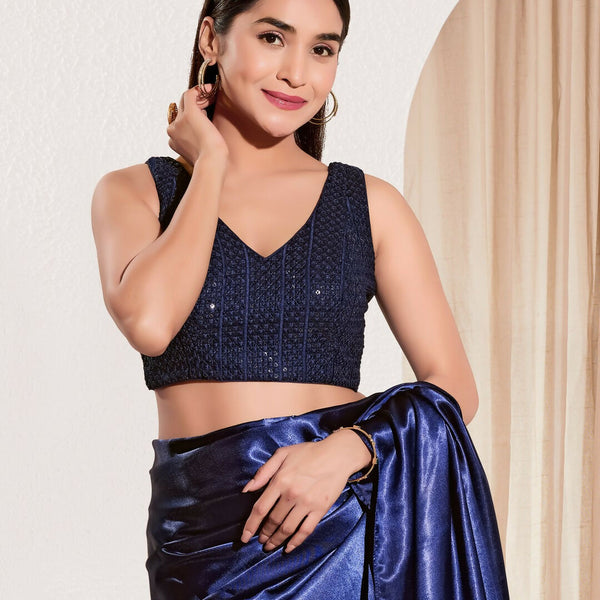 Joban Fashion Navy Blue Sequin Padded Blouse With V Neck Sleeveless - Distacart