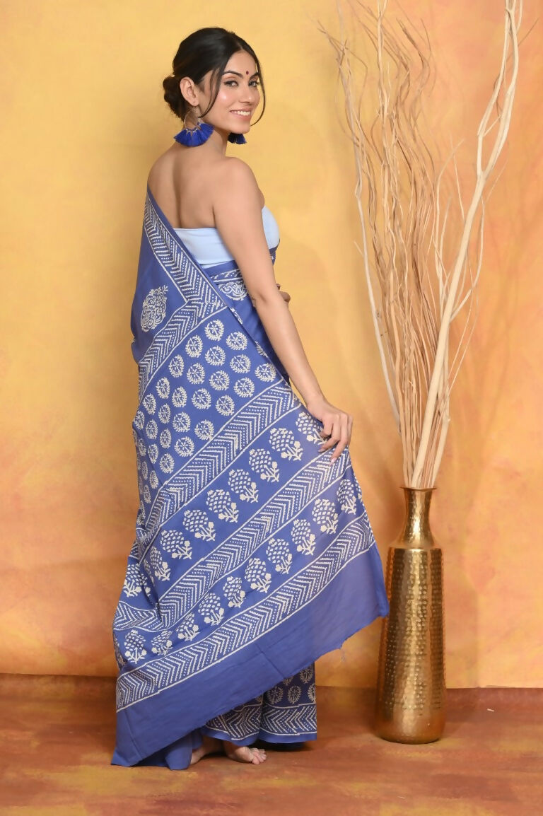 Very Much Indian Pure Cotton Handblock Printed Saree - Blue - Distacart
