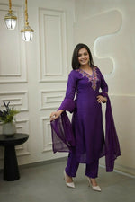 Thumbnail for The52 Purple Women's Gorgeous Vichitra Fabric Embroidered Work Straight Kurta Pant and Dupatta Set - Distacart