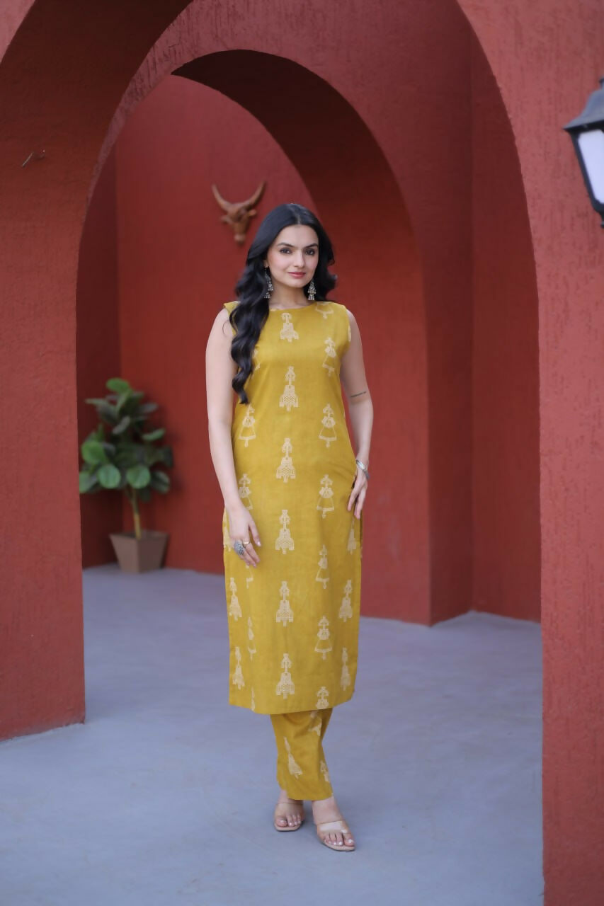 Teeya Creation Womens New Trendy Summer War Printed Cotton Gown Set-Yellow - Dista