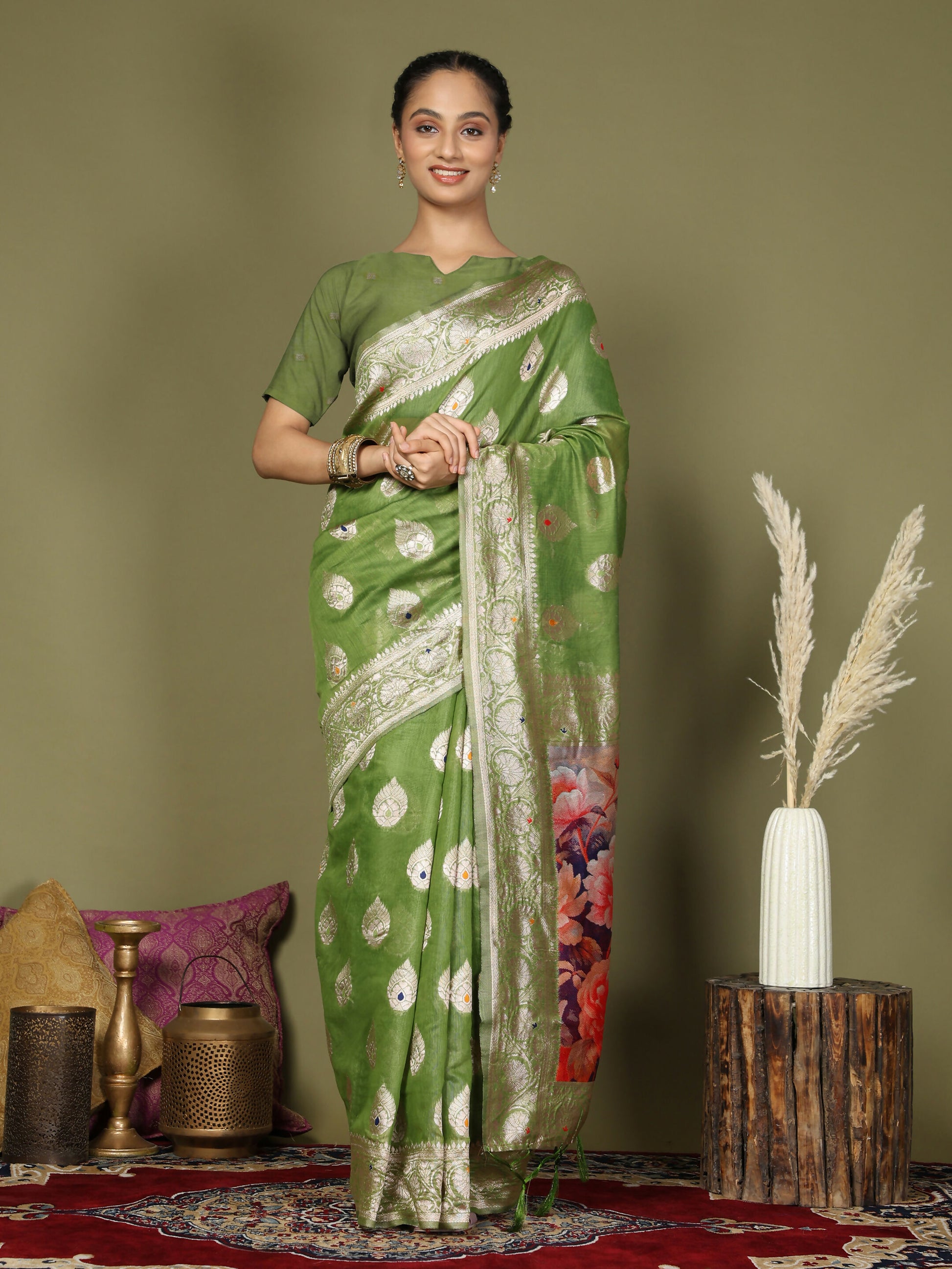 Shree Shyam Fashion Linen Cotton Green Saree - Distacart