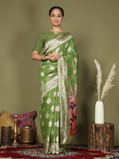 Shree Shyam Fashion Linen Cotton Green Saree - Distacart