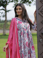 Thumbnail for The52 Women's Beautiful Rayon Fabric Printed Work Flared Kurta Pant and Dupatta Set - Distacart