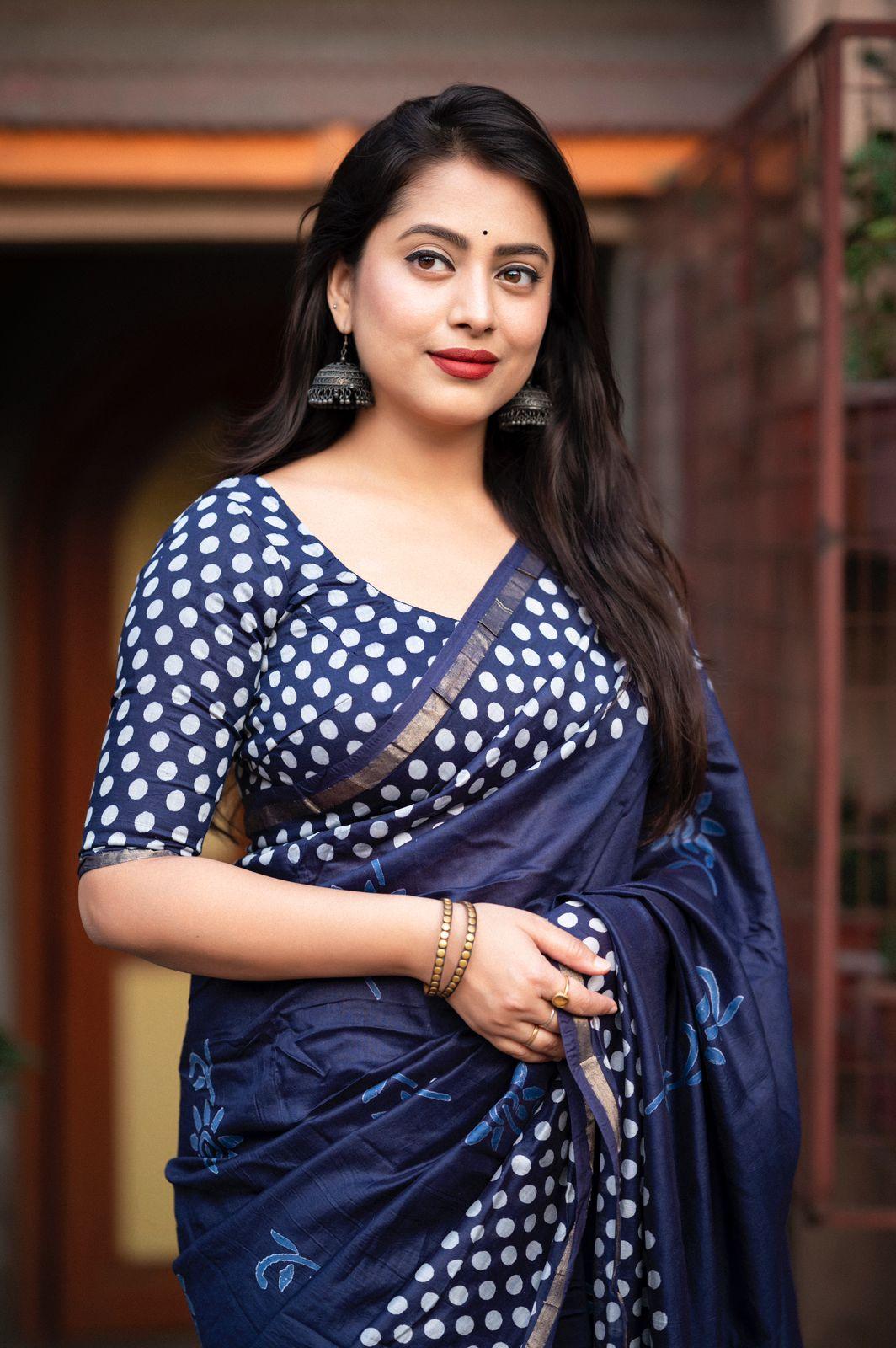 Blue Pure Chanderi Hand Block Saree with Unstitched Blouse - Hiral Fashion - Distacart