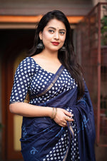 Thumbnail for Blue Pure Chanderi Hand Block Saree with Unstitched Blouse - Hiral Fashion - Distacart