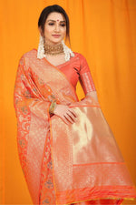 Thumbnail for Jyoti Fashion Women's Orange Kanjivaram Silk Zari Woven Saree with Blouse - Distacart