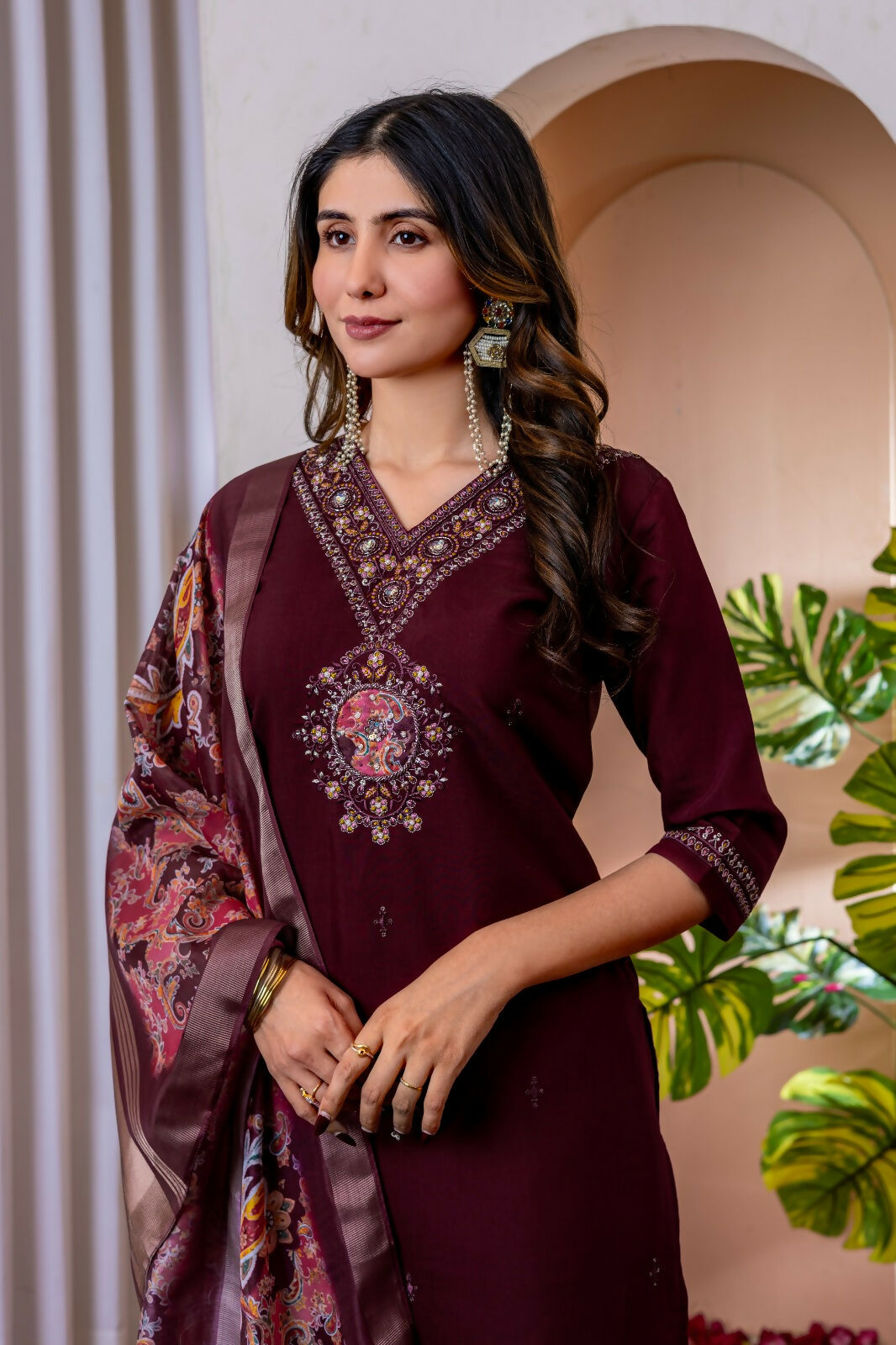 Teeya Creation Womens Wine Embroidered Kurta Pant Set - Dista