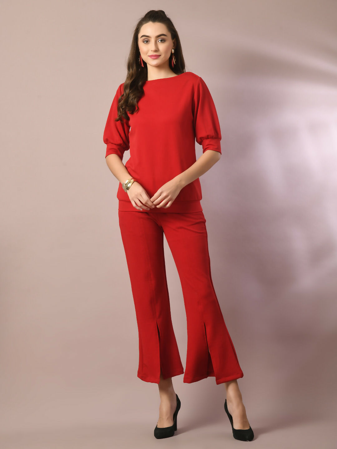 Myshka Women's Red Solid Party Parallel Trousers - Distacart