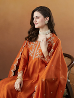 Thumbnail for The52 Orange Women's Beautiful Vichitra Silk Fabric Embroidered Work Flared Anarkali Pant and Dupatta Set - Distacart