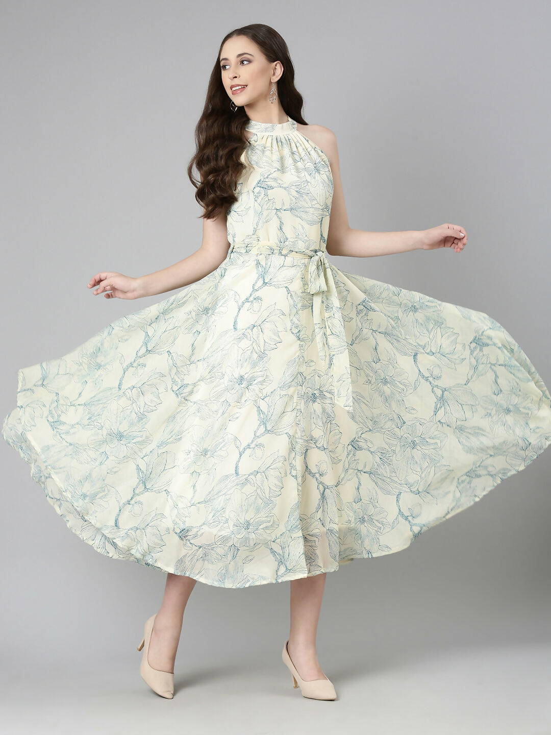 Souchii Cream & Blue Floral Chiffon Maxi Dress