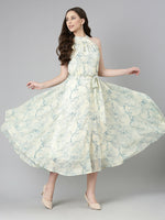 Thumbnail for Souchii Cream & Blue Floral Chiffon Maxi Dress