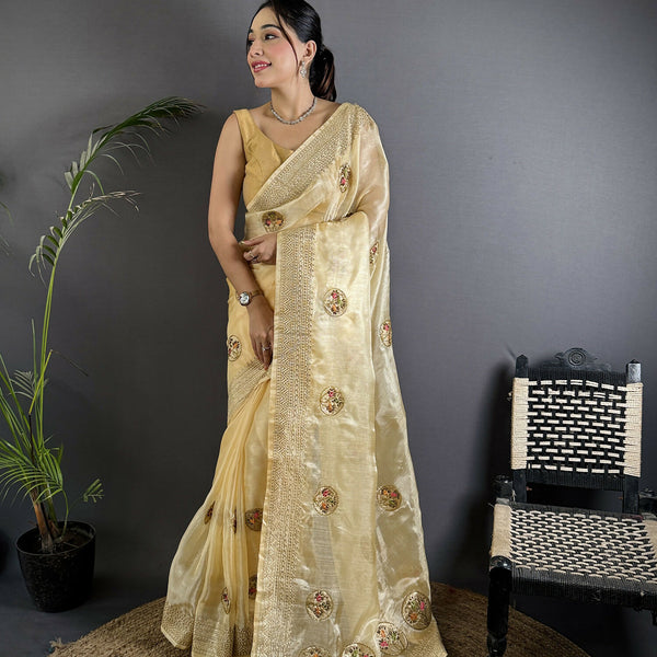 Joban Fashion Light Yellow Handloom Banarasi Organza Silk Khatali Butta Work Saree - Distacart