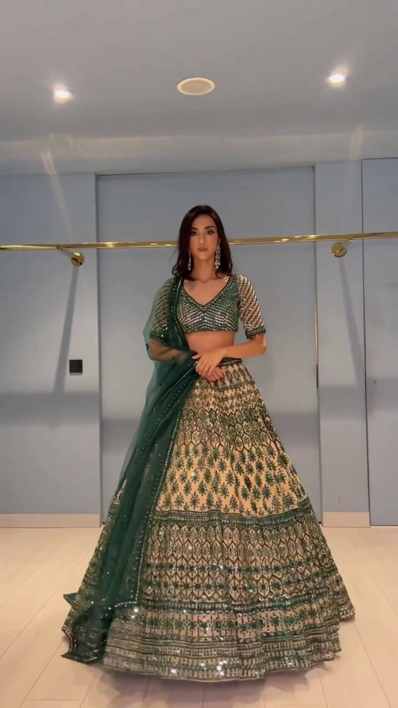 Jyoti Fashion Teal Green & Cream 3mm with Thread Embroidery Georgette Lehenga Choli with Dupatta - Distacart