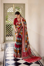 Thumbnail for Vastranavya Maroon Viscose Chanderi Printed with Temple Border Saree & Unstitched Blouse - Distacart