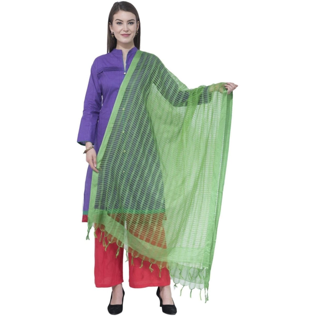 A R Silk Women's Self Check Cota Cotton Parrot Green Dupattas and Chunnis