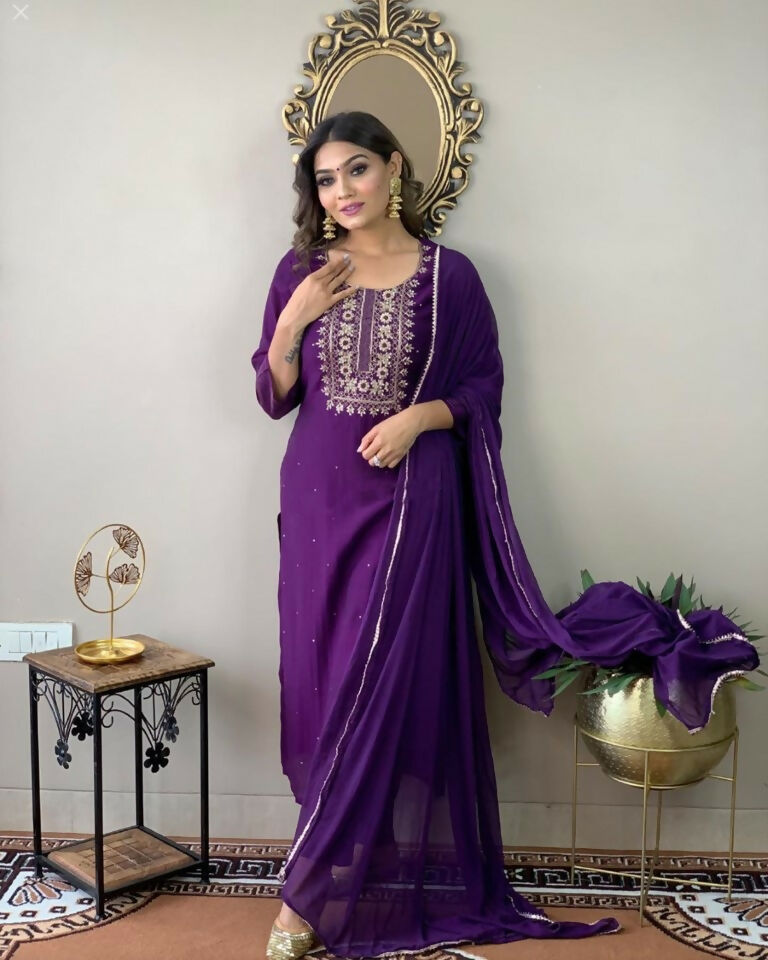 Partywear Designer Wine Rayon Slub Stitched Suit With Dupatta - Tanisha - Distacart