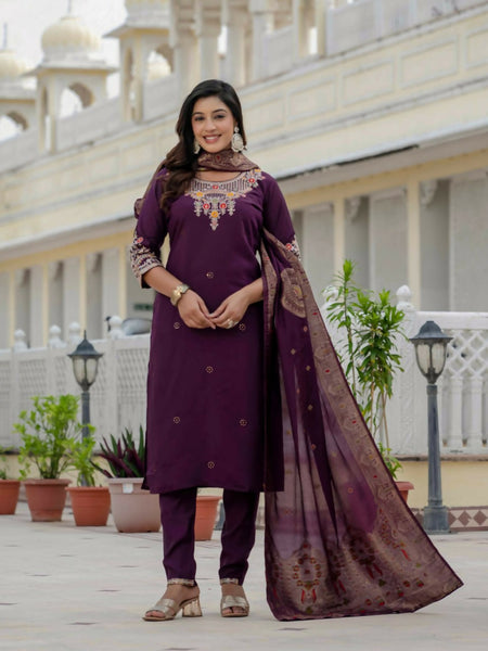 Preksha Creation Wedding Special Premium Roman Silk Coding Embroidery With Sequins Work Kurti Dupatta With Pant